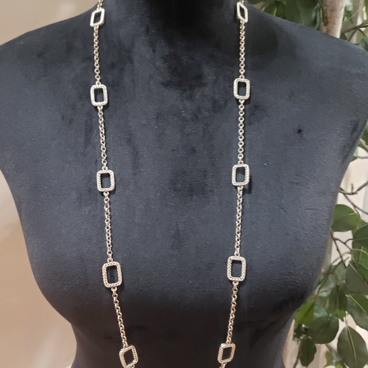 Women Fashion Silver Tone Long Chain with Squares Links  Necklace w/ Lobster