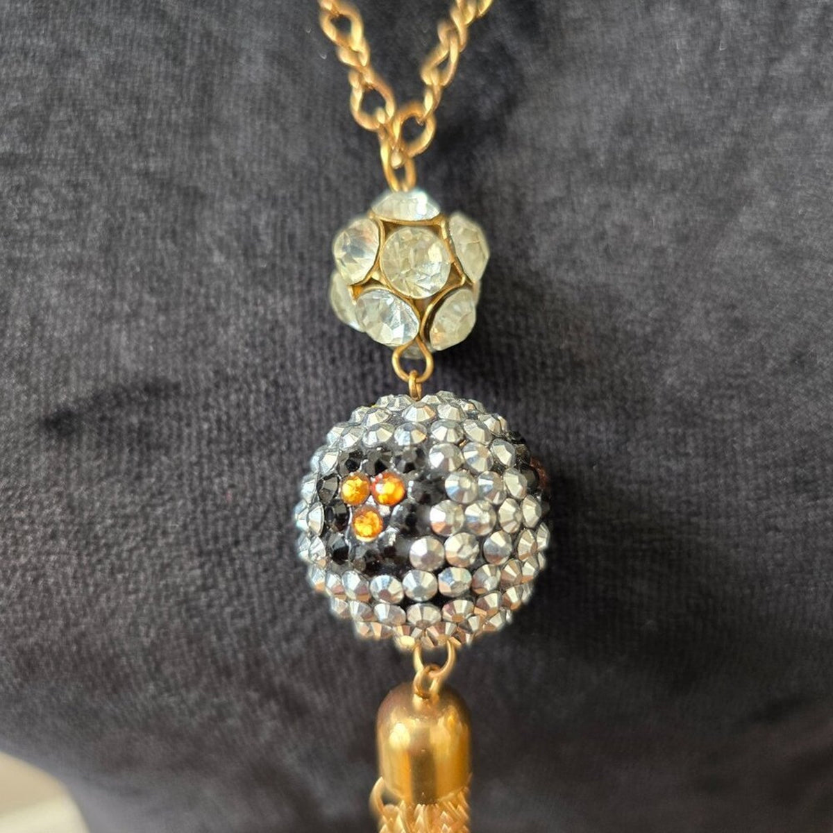 Womens Rhinestone Gold Tone Tussle Ball Orb Pendant Necklace with Lobster Clasp