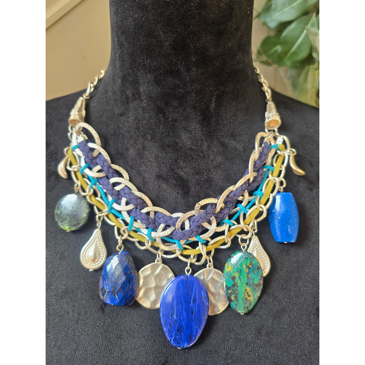 Boho Blue Green Chunky Stone Charm Statement Necklace and Bracelet Set Gold Tone