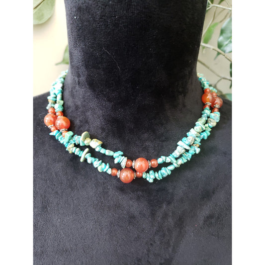 Womens Fashion 2 Strand Blue Magnesite Turquoise Coral Beads Necklace w/ Lobster