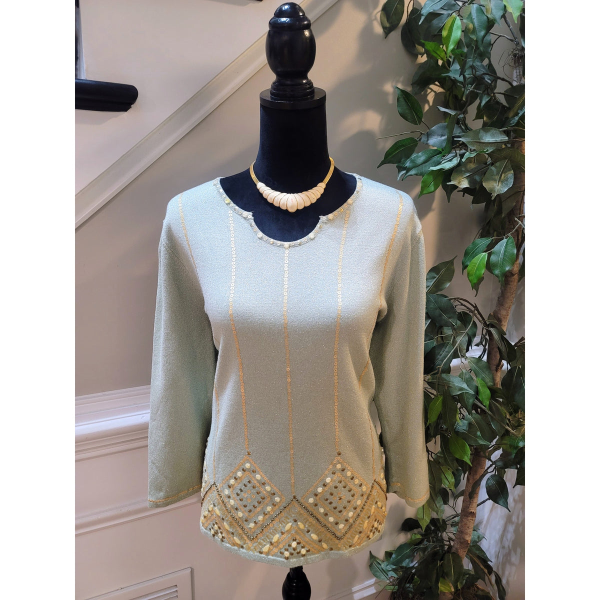 Alfred Dunner Shimmer Sweater Women's Medium Sage Green Embellished Sequin