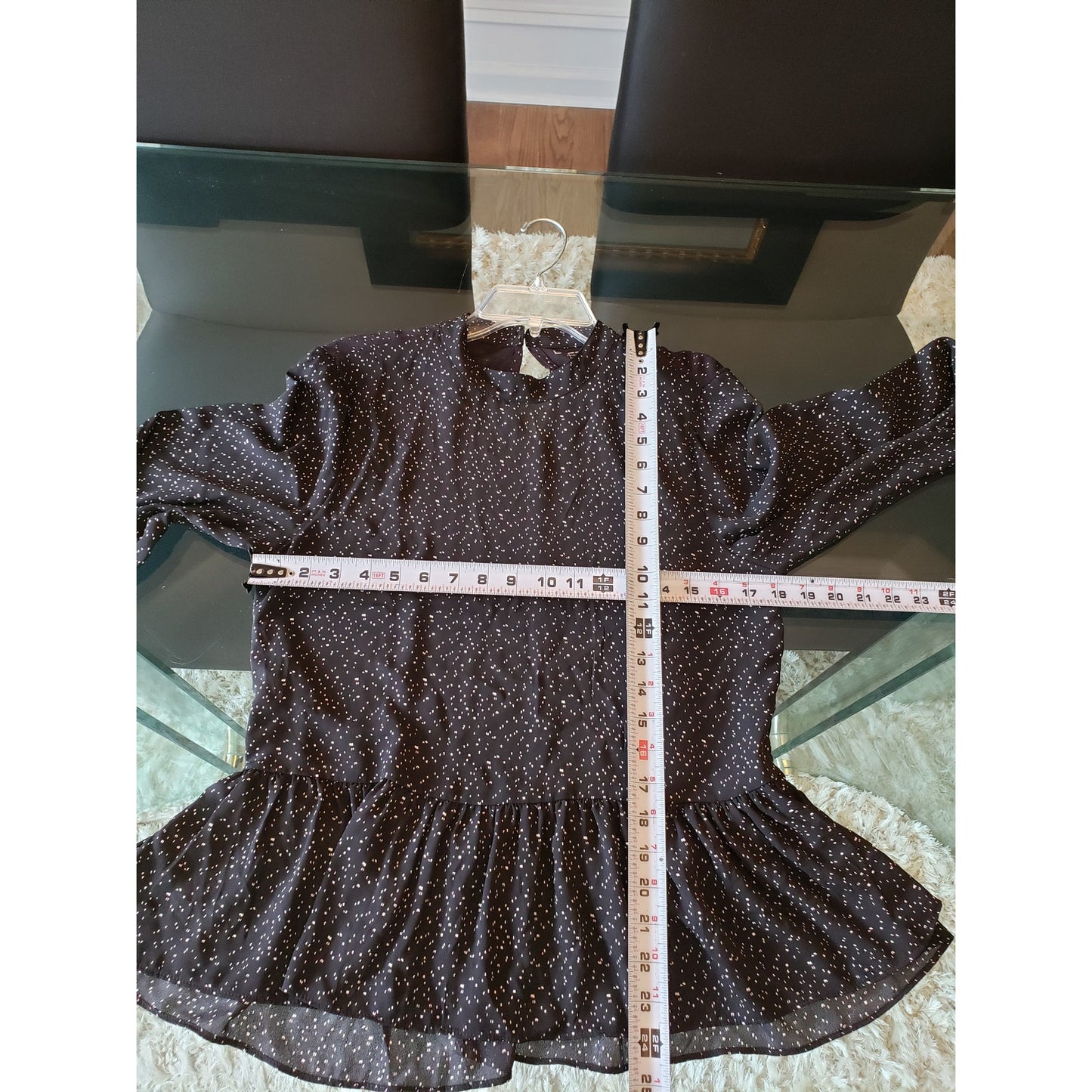 LOFT Blouse Top Womens PM Black Polka Dot Balloon Sleeve Ruffle Hem Pullover