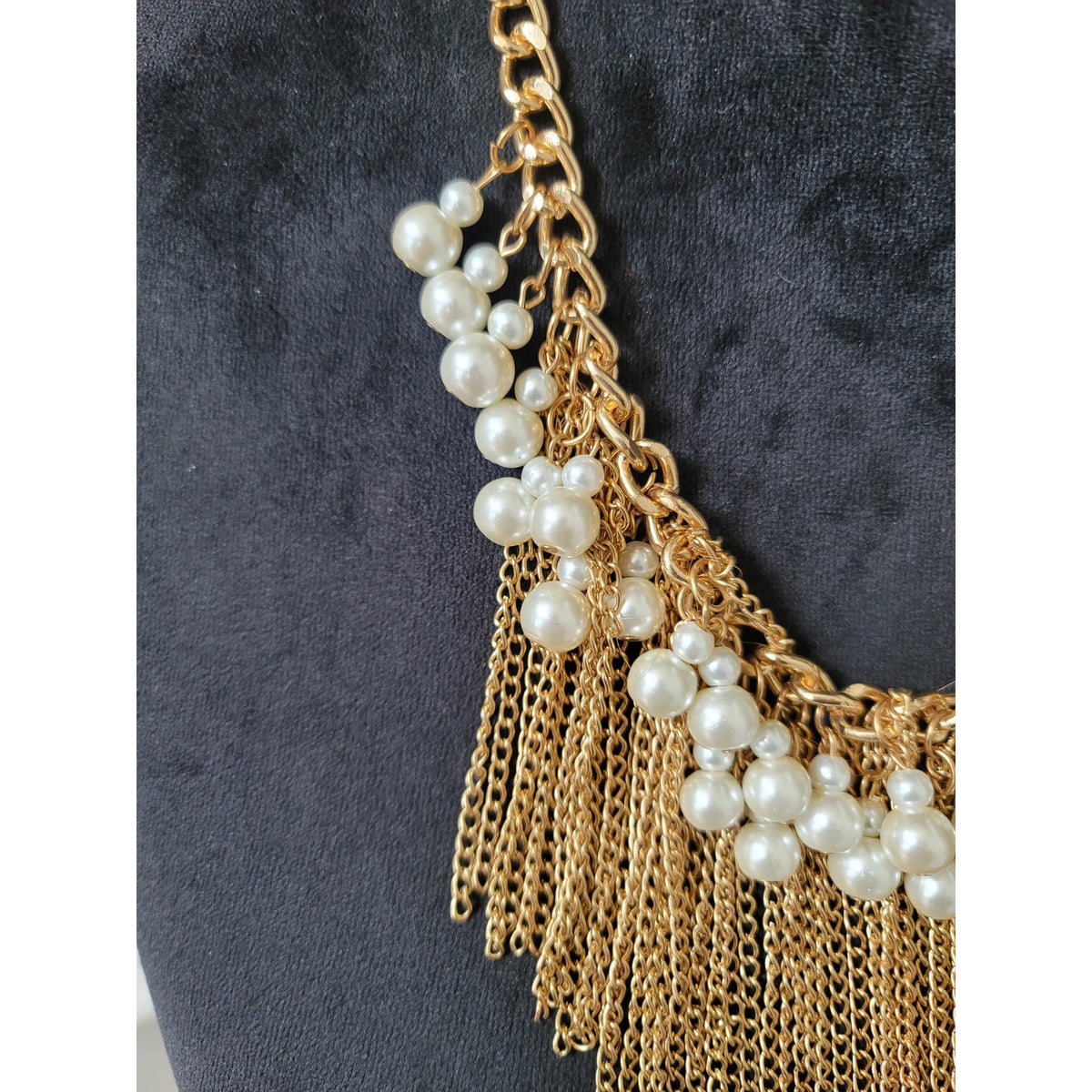 Women's Gold Chain Necklace With Pearl Beads And Fringe Tassels Lobster Clasp