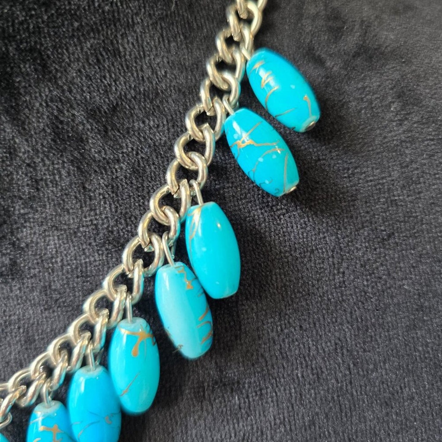 Womens Fashion Turquoise Oval Drops Shape Silver Tone Collar Necklace w/ Lobster