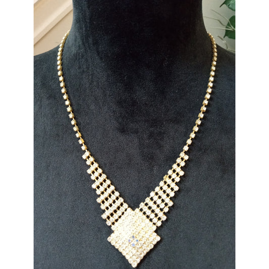 Vintage Gold Tone Rhinestone V-Shaped Statement Necklace Bridal Evening Glam