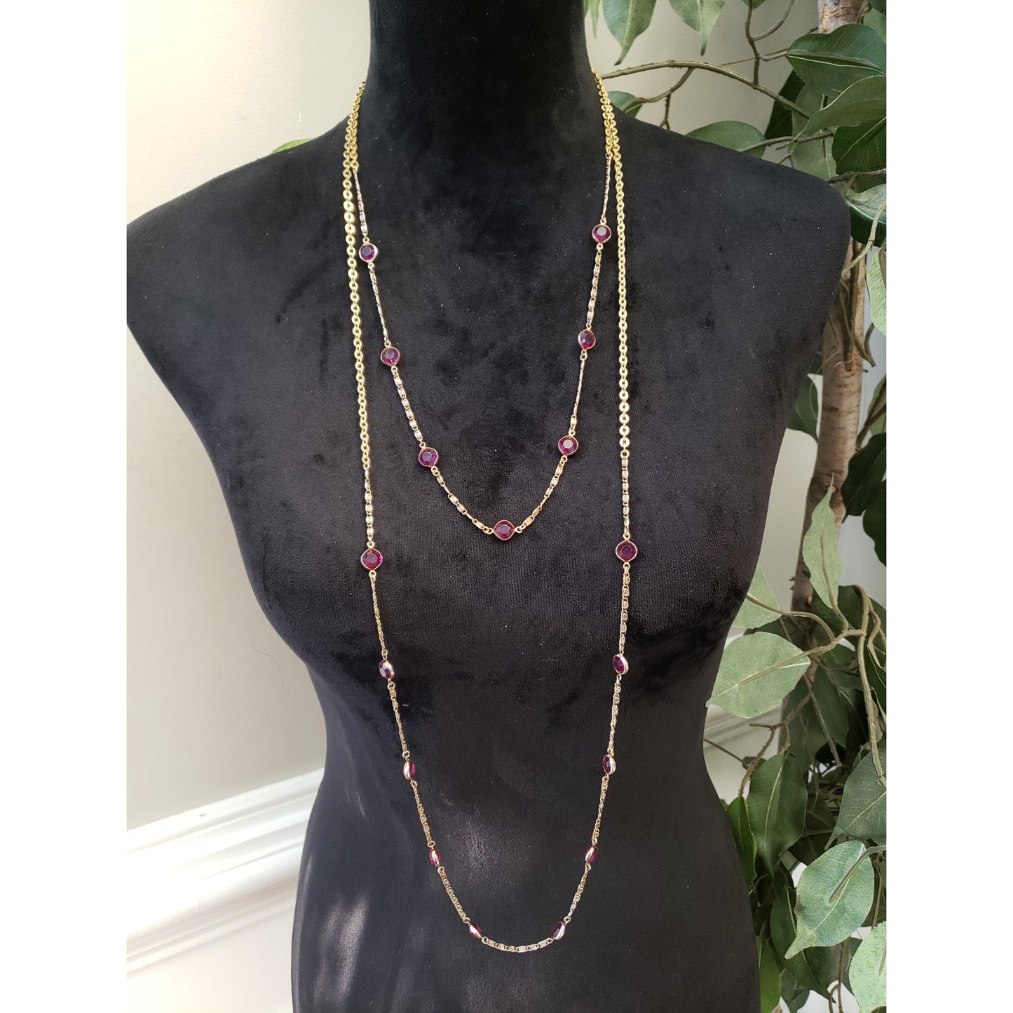 Rachel Women 2 Strand Gold Tone Red Zirconia Bazel-set  Chain Necklace