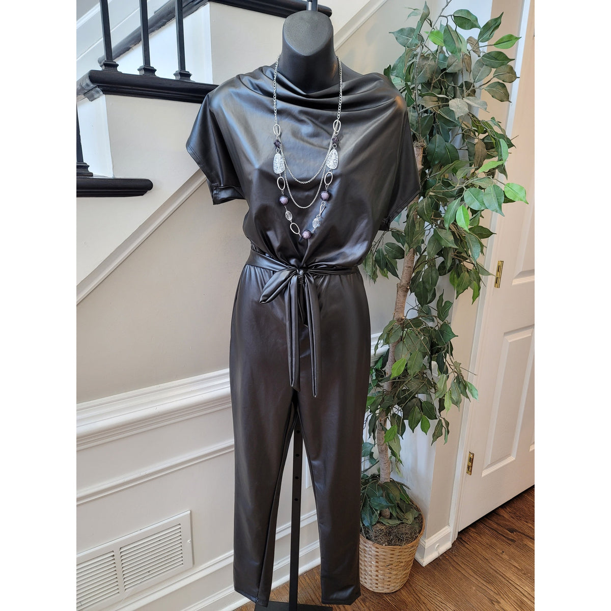 Fashion Nova Faux Leather Jumpsuit Women’s Size XS Black Short Sleeves