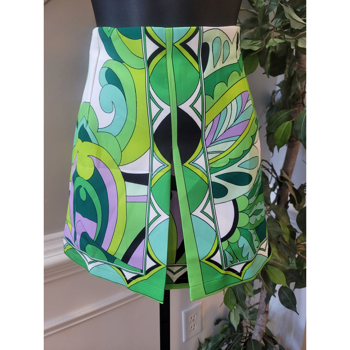 Fancy Dream Skirt Set Women's Green Geometric Button Up Side Zipper Long Sleeve