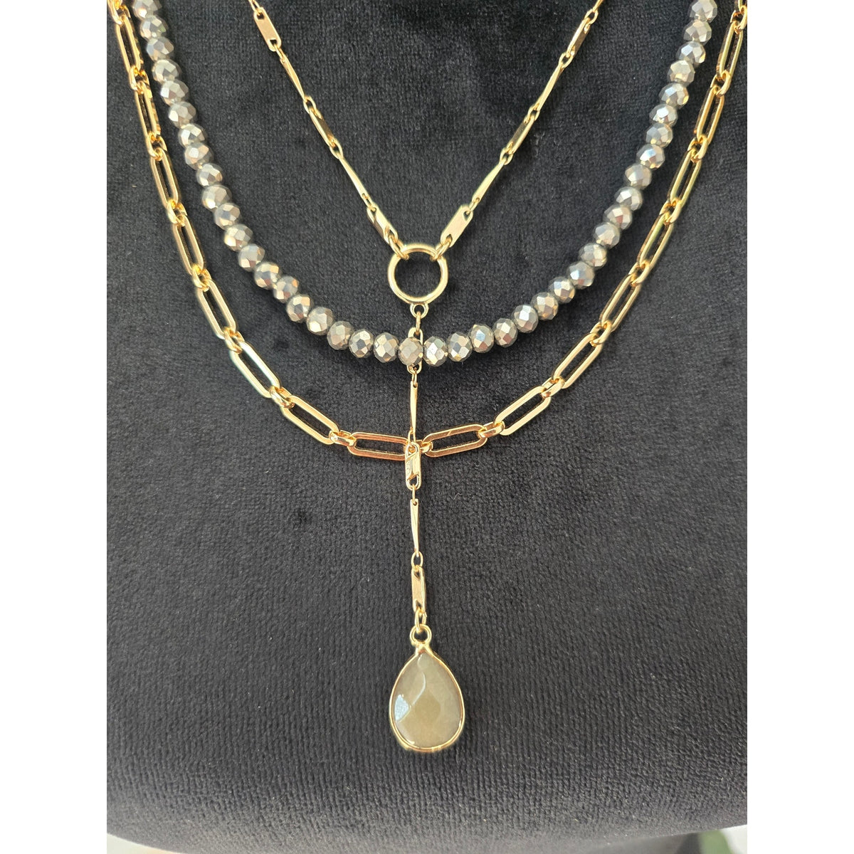 Gold Tone Faux Pearl Multi Strand Layered Pendant Statement Necklace
