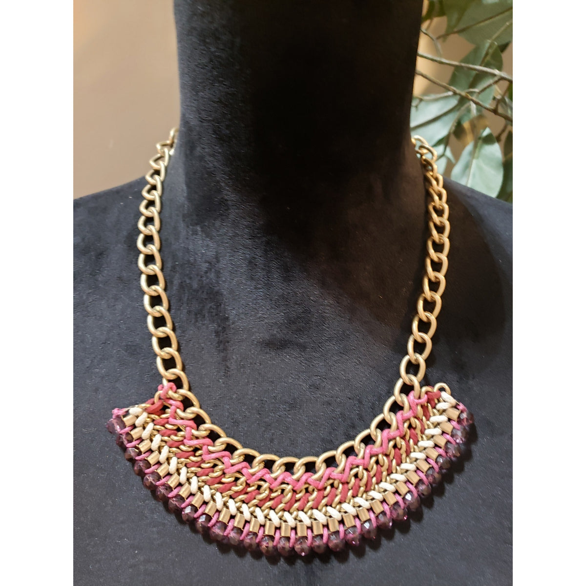 Womens Fashion Gold Tone Threads & Metal Chain Woven Braided Statement Necklace