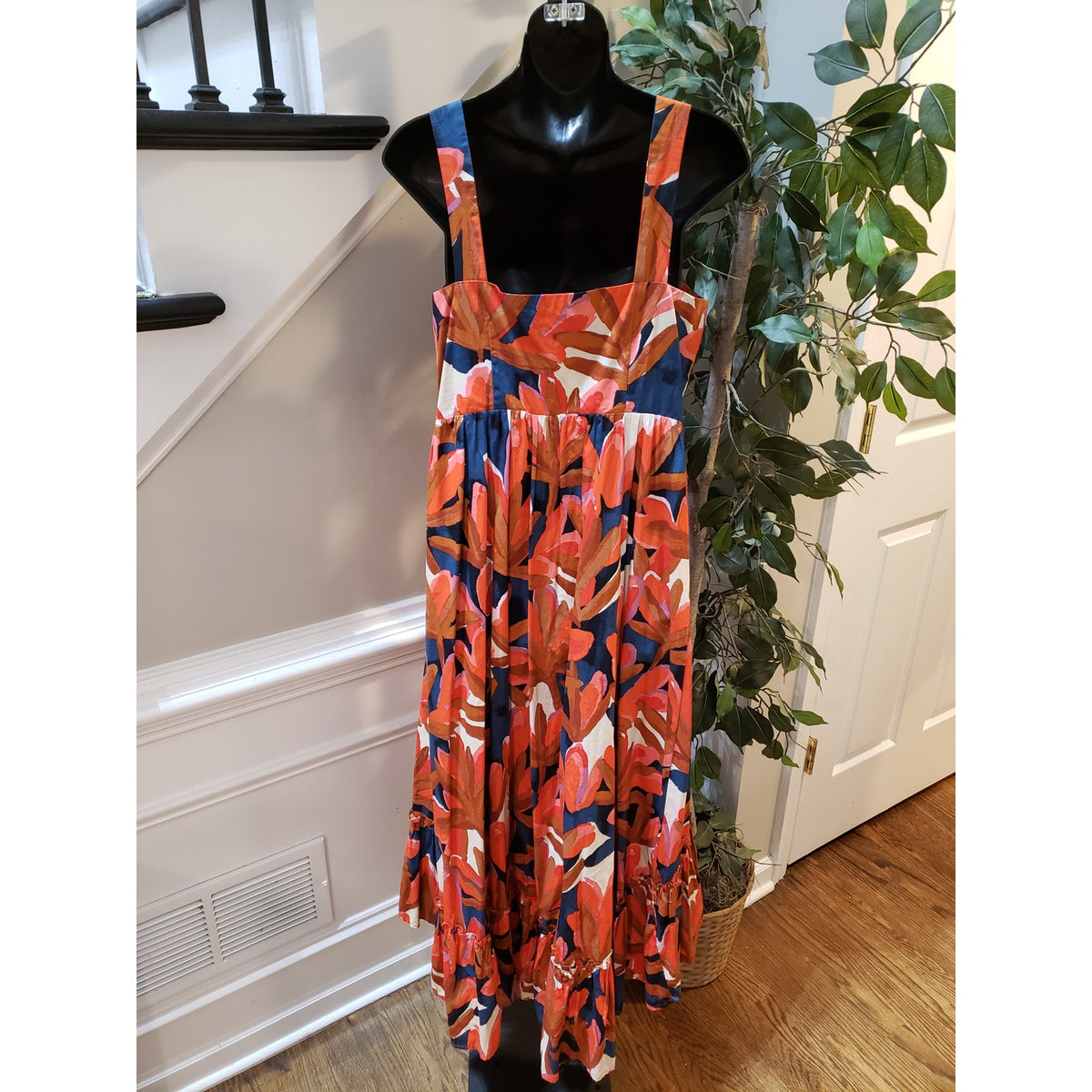 Who What Wear Maxi Dress Womens Small Orange Floral Cotton Pleated Square Neck