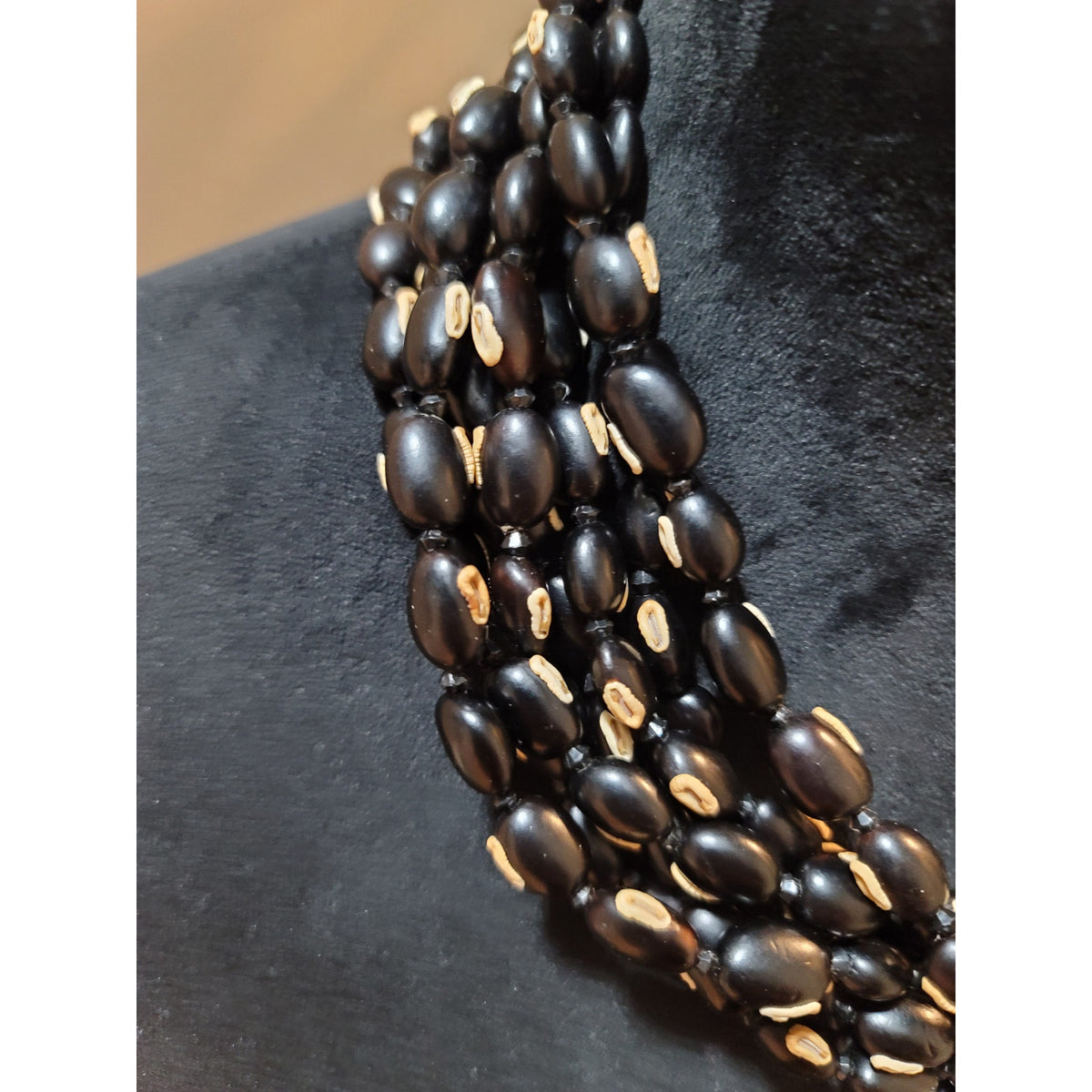 Women's Multi Strand Black Seed Bead Necklace With Loop Button Closure