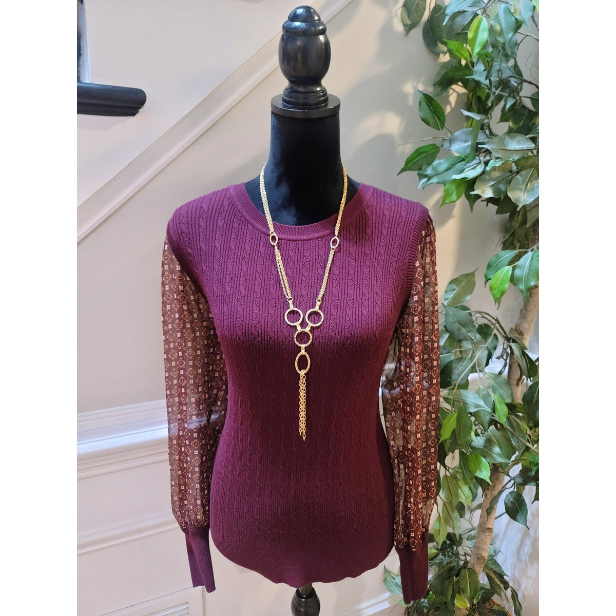 Talbots Cable Knit Sweater Women's Medium Burgundy Ribbed Hem Sheer Long Sleeve