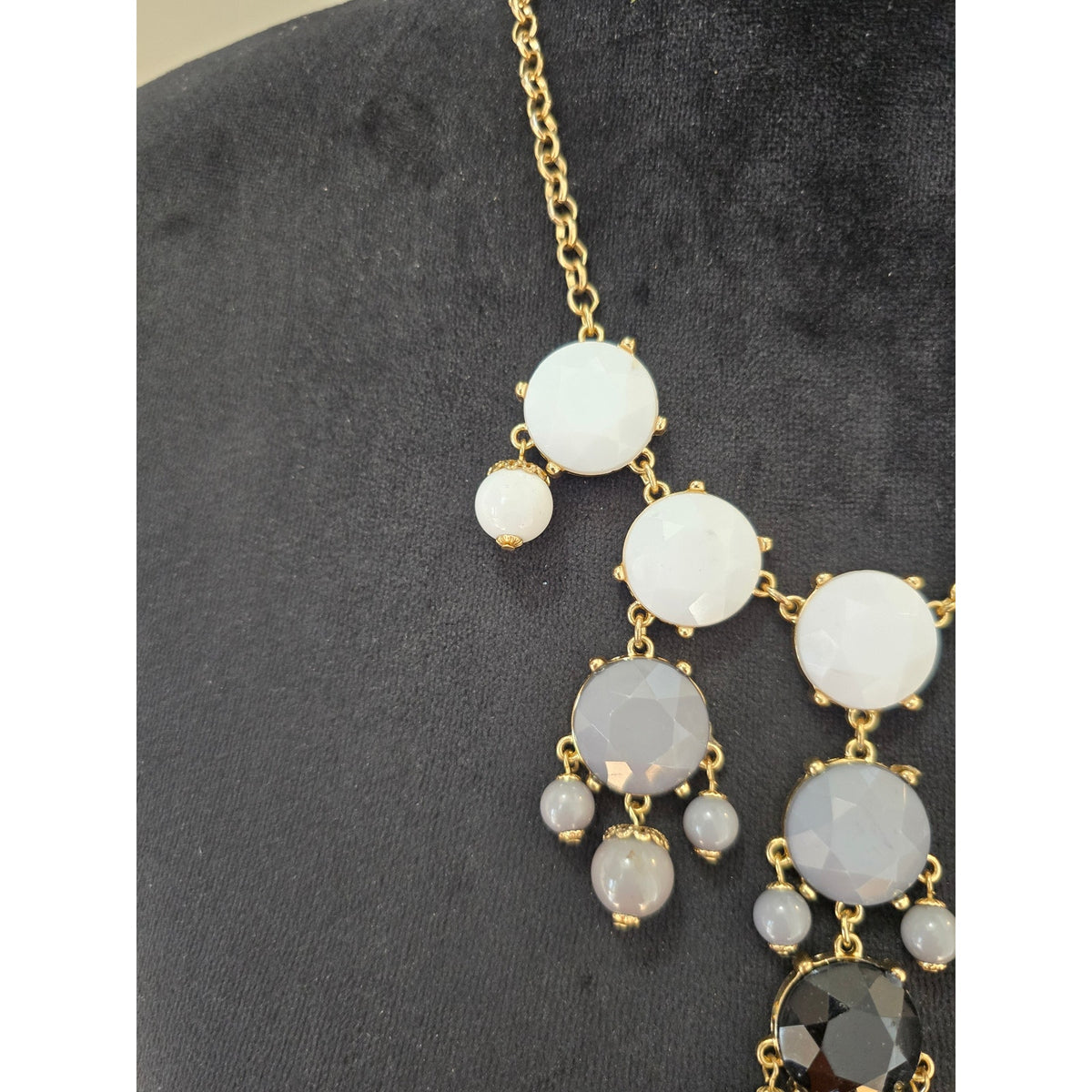 White Gray & Black Beaded Drop Statement Necklace Gold Tone Chain
