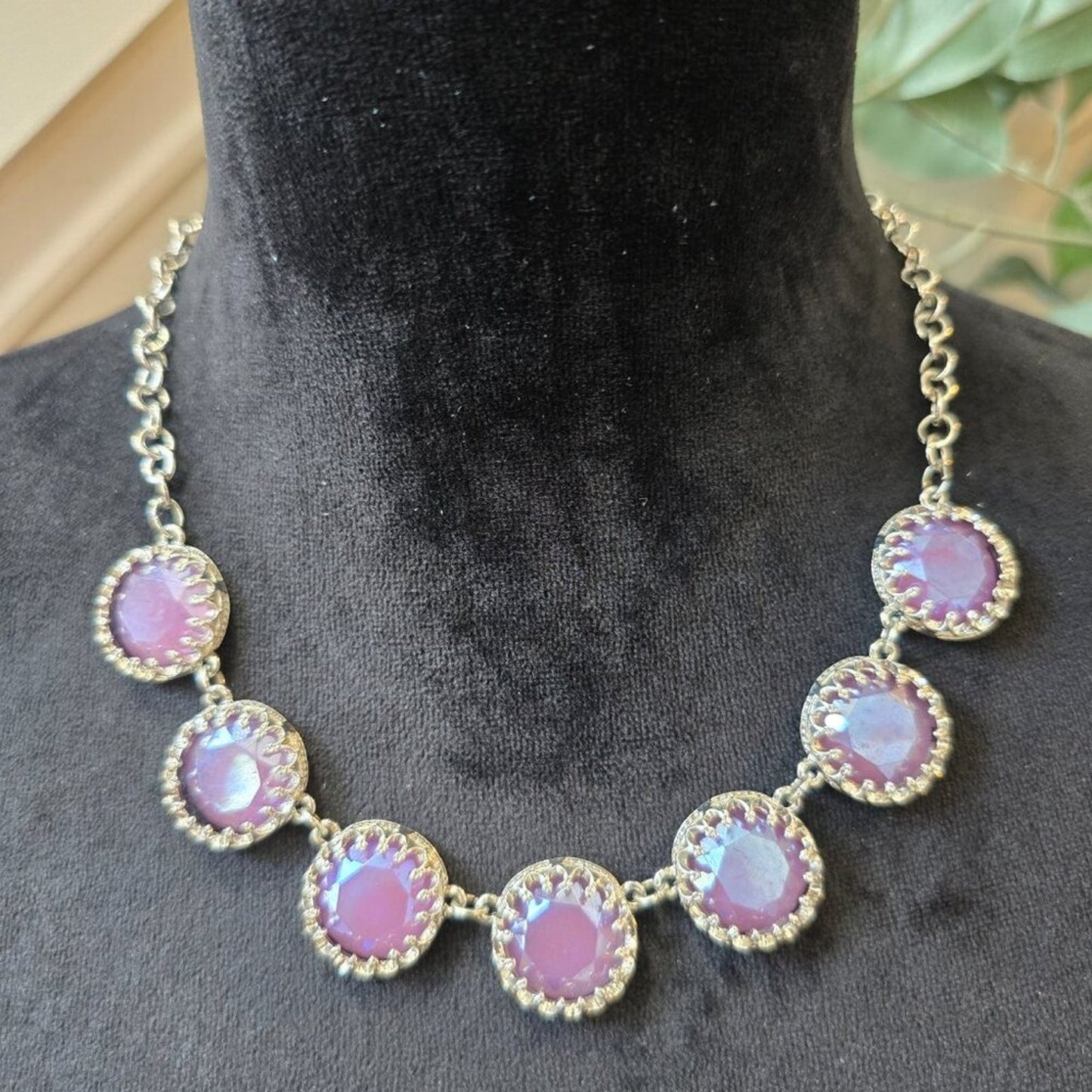 Women Pink Shiny Crystal Statement Silver Tone Chain Necklace with Lobster Clasp