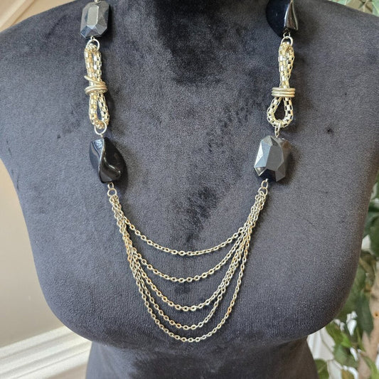 Womens Fashion Black Gemstone Silver Tone Chain Necklace with Lobster Clasp