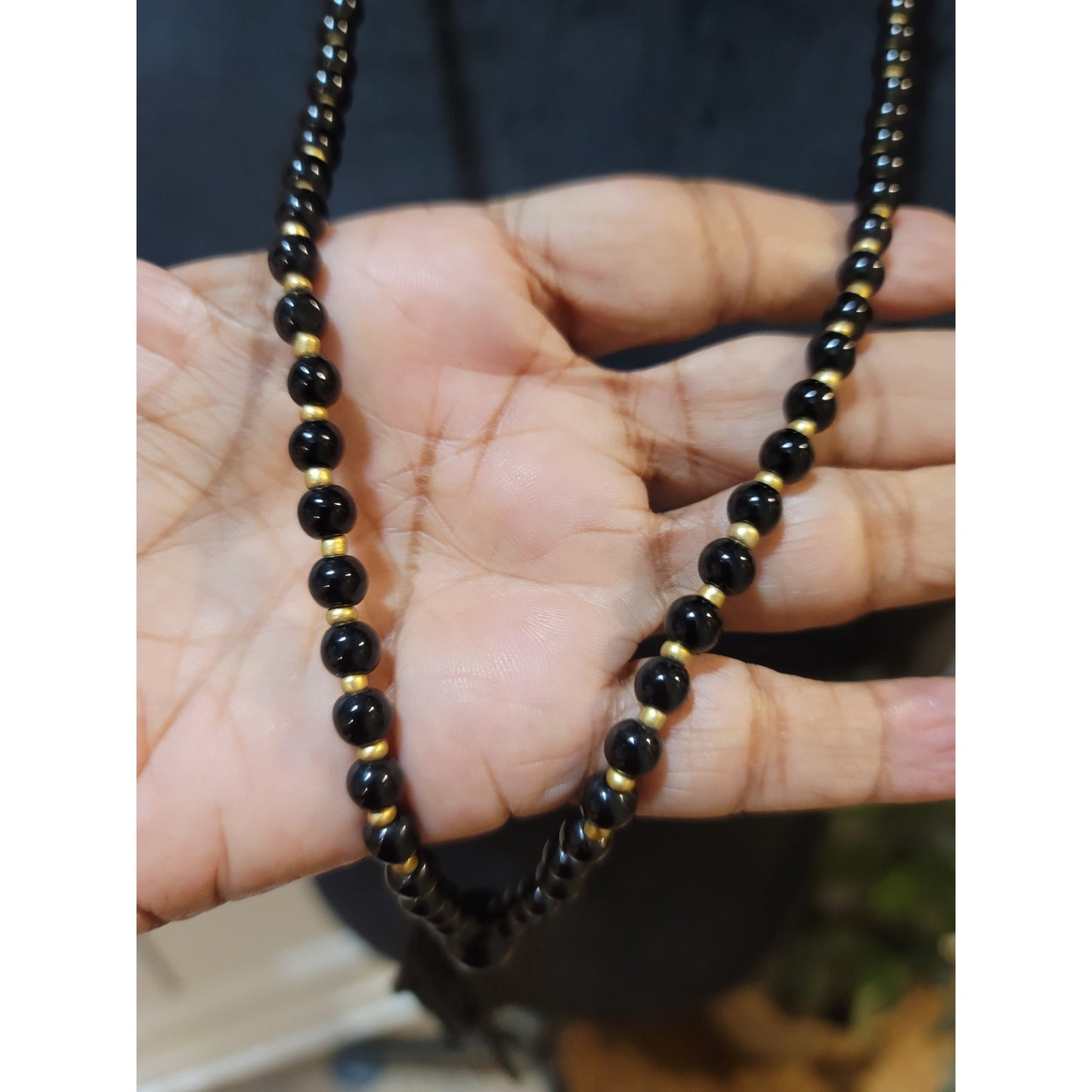 Women's Black Beaded Necklace With Gold Accents Tassel Pendant Lobster Clasp