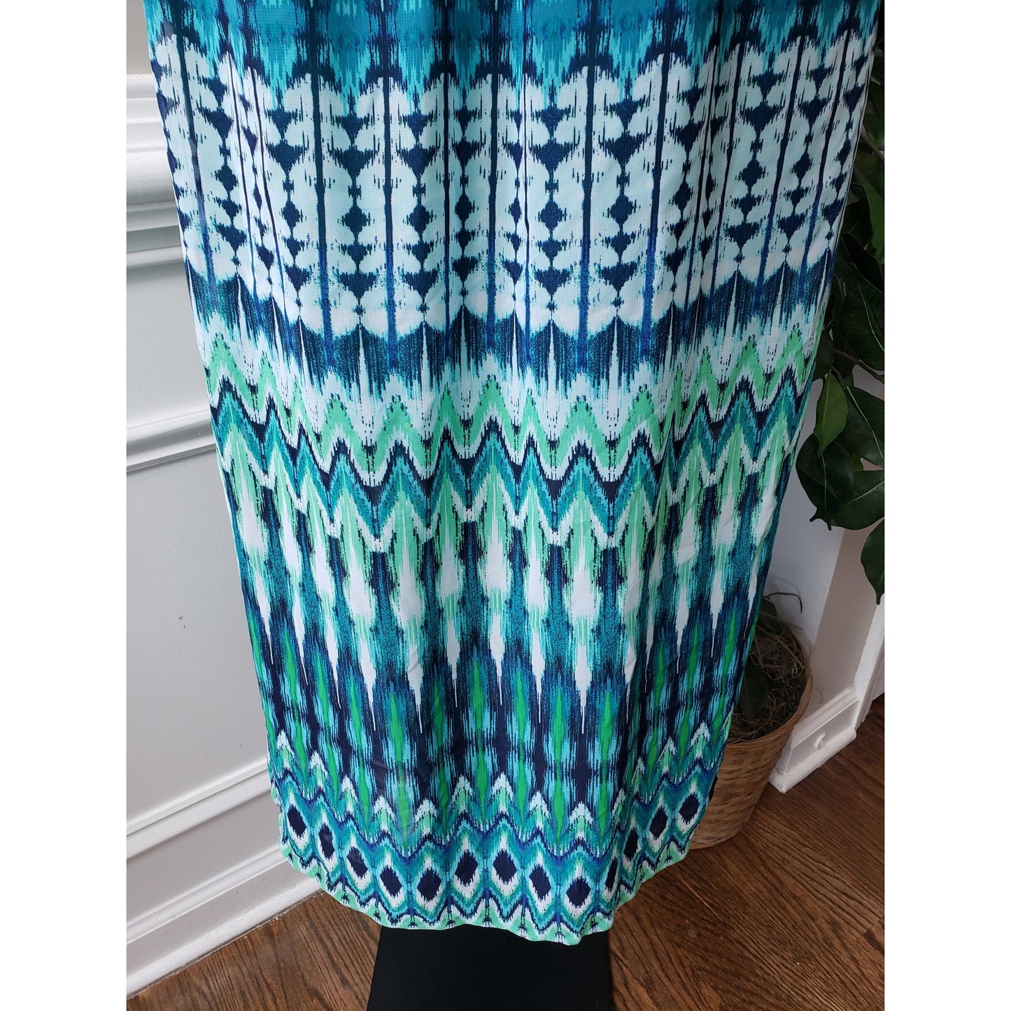 Faded Glory Long Maxi Dress Women 2X Green & Blue Ruffle Strap V-Neck Sleeveless