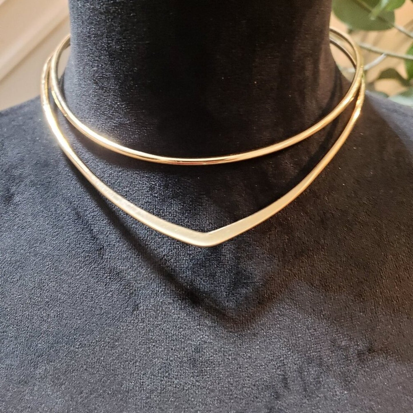 Womens Fashion Gold Tone Geometric Double-Deck Collar Necklace w/ Lobster Clasp