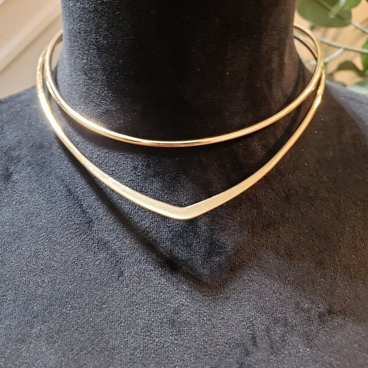 Womens Fashion Gold Tone Geometric Double-Deck Collar Necklace w/ Lobster Clasp