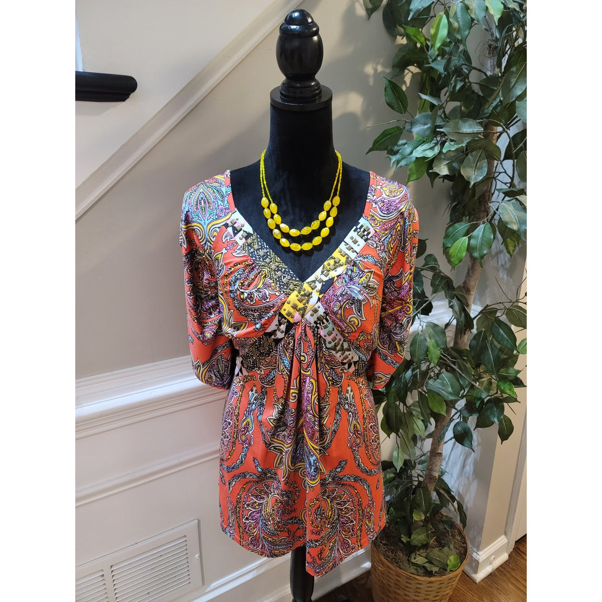 One World Blouse Top Womens SZ 2X Multicolor Paisley Empire Waist Pleated V-Neck