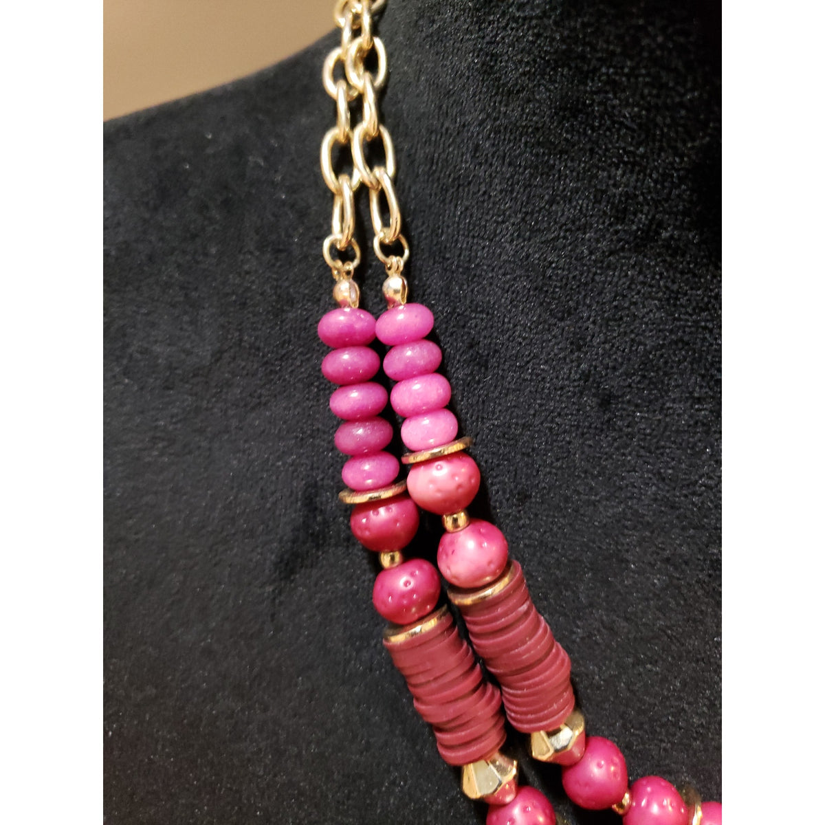 Women Fashion Boho Gold Tone 2 Strand Pink Plastic Beaded & Spacers Bib Necklace