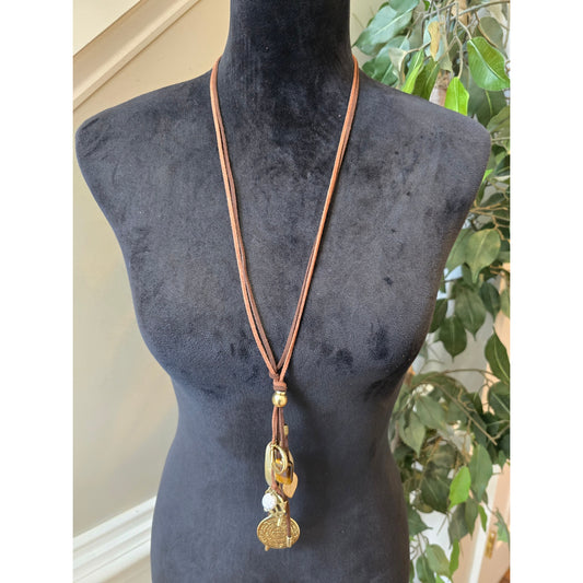 Chico's Women Boho Charm Pendant Necklace Long Leather Cord Statement Jewelry