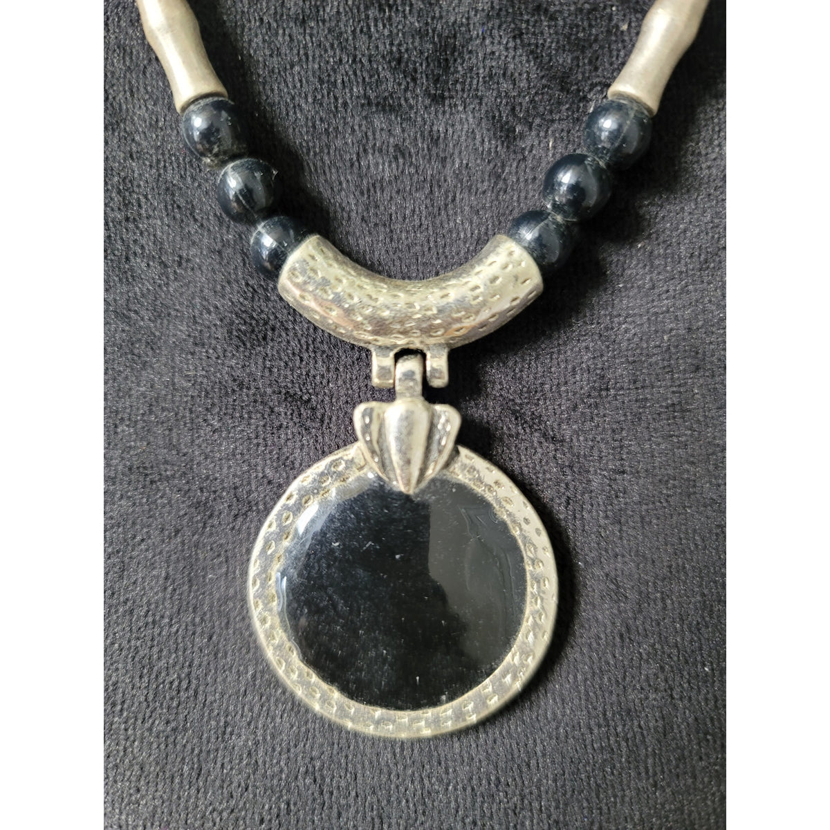 Women's Black Beaded Necklace With Round Silver Pendant And Lobster Clasp Lock