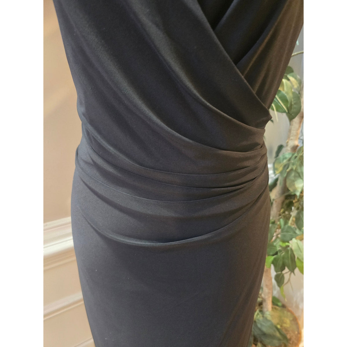 Lauren Ralph Lauren Cocktail Dress Women SZ 14 Black Faux Wrap Boat Neck Keyhole