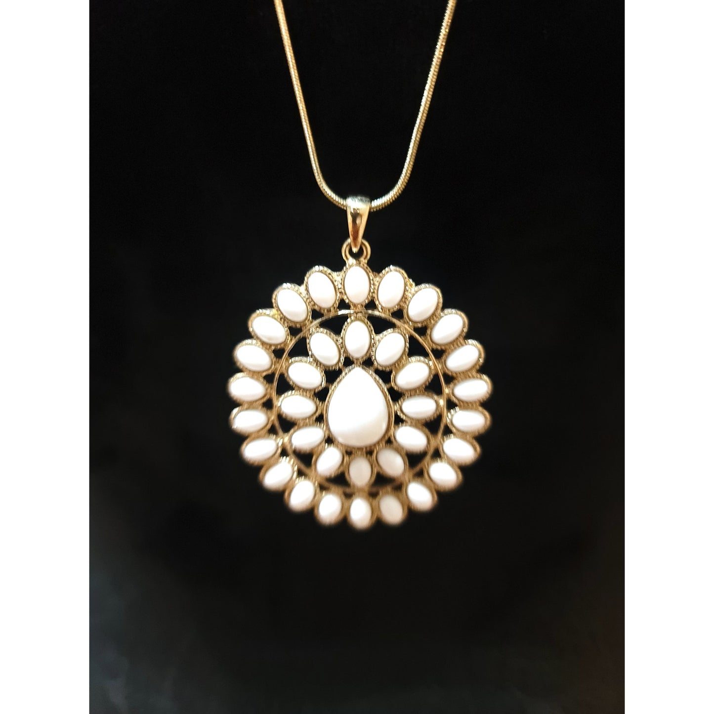 Women's Long Pendant Necklace Gold Chain White Teardrop Circle Lobster Clasp
