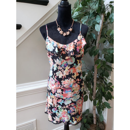 Mimi Chica Sheer Dress Womens Medium Black Floral Lined Ruffle Spaghetti Strap