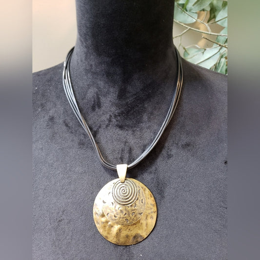 Womens Brass Round Hammered Pendant 4 Strand Black Cord Necklace Jewelry Lobster