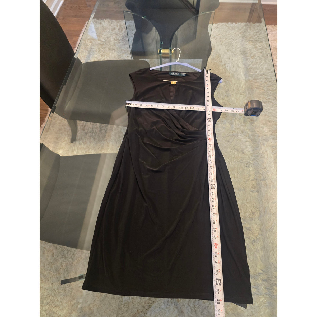 Lauren Ralph Lauren Cocktail Dress Women SZ 14 Black Faux Wrap Boat Neck Keyhole