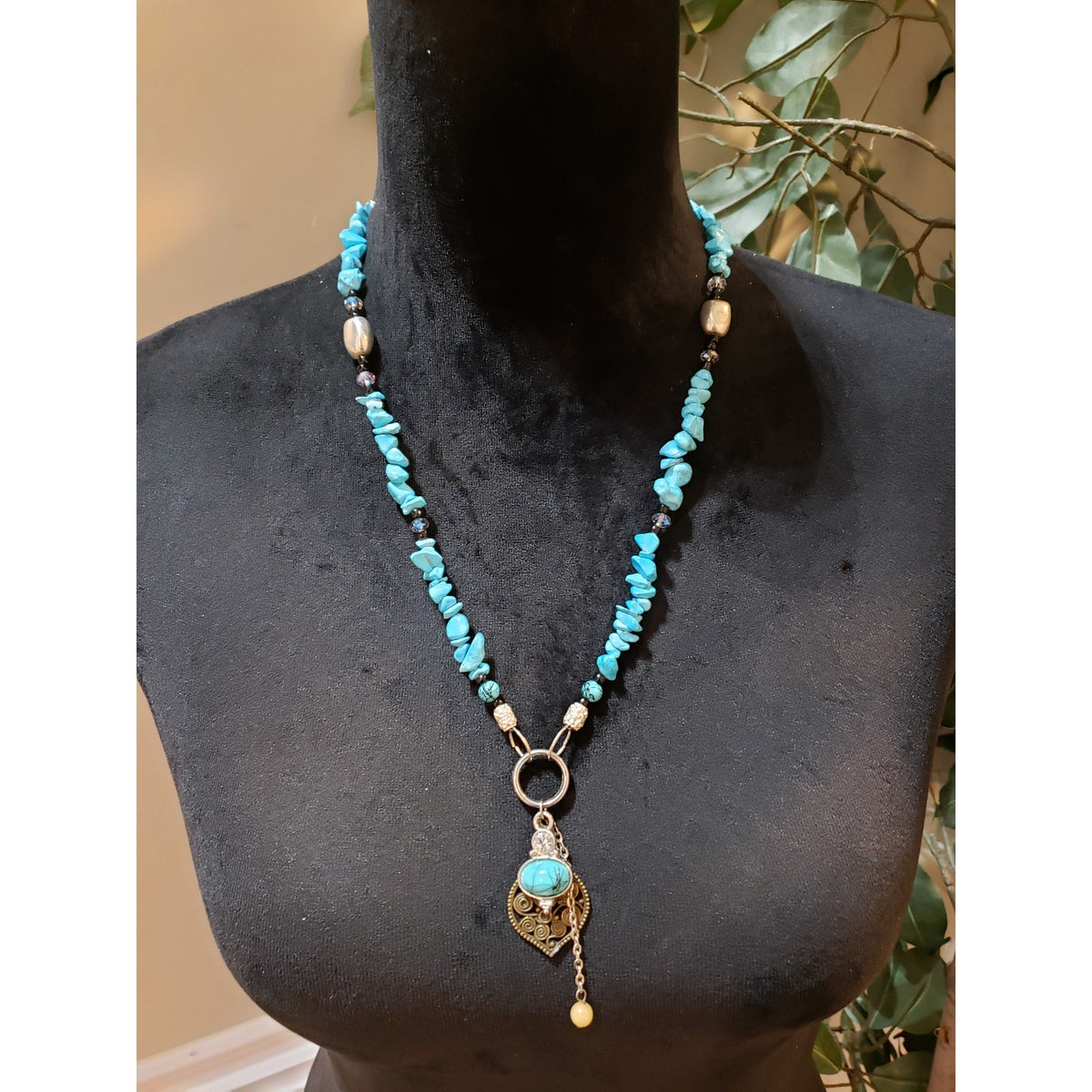 Womens Turquoise Stone Beads Filigree Lariat Pendant Necklace Jewelry w/ Lobster
