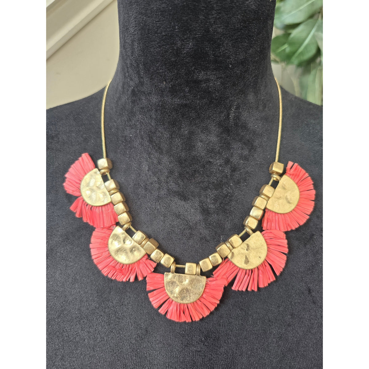 Coral Fringe Gold Disc Statement Necklace