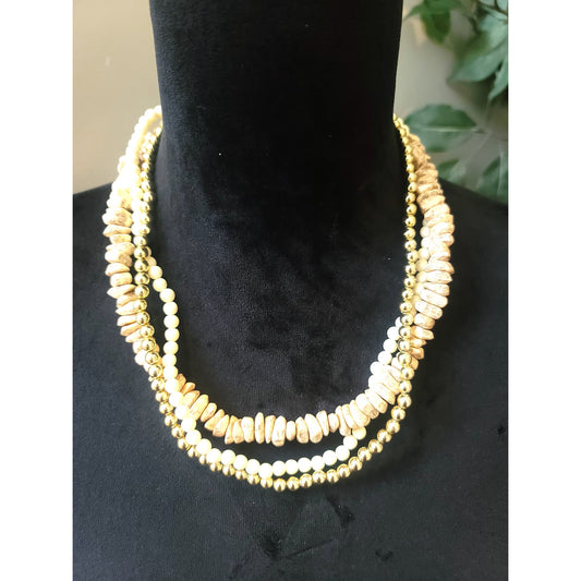 Women's Cream Gold Beaded Necklace Lobster Clasp Triple Strand Layered Jewelry
