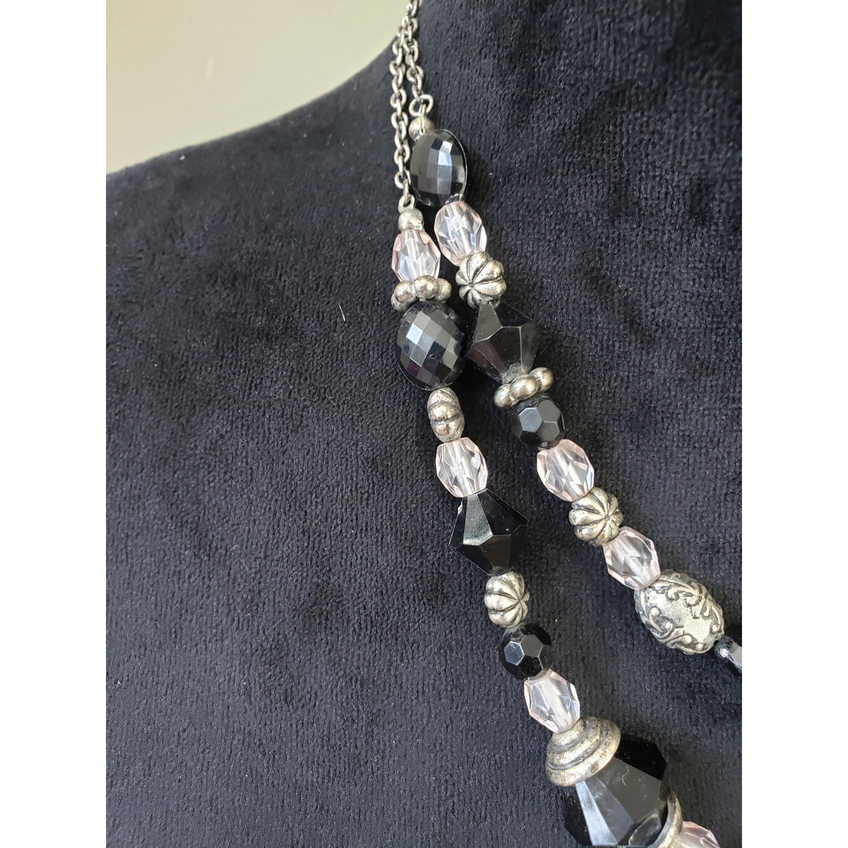 Womens Double Row Faceted Black, Clear, Metallic Silver Crystal Beaded Necklace