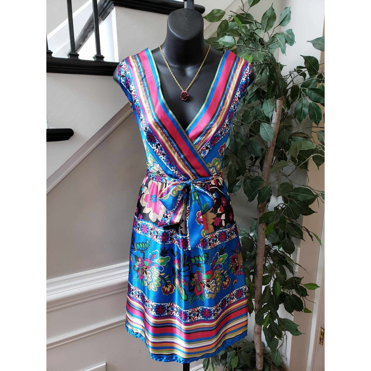 NY Collection A Line Dress Women Small Multi Floral Surplice Neck Tie Waist
