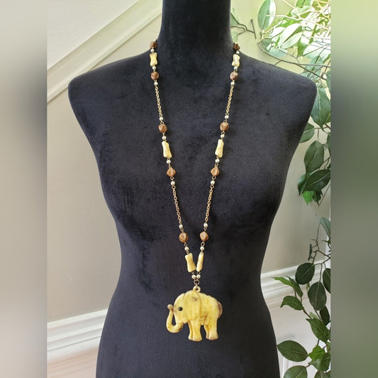 Womens White Brown Bead Tribal Style Celluloid Charm Elephant Pendant Necklace