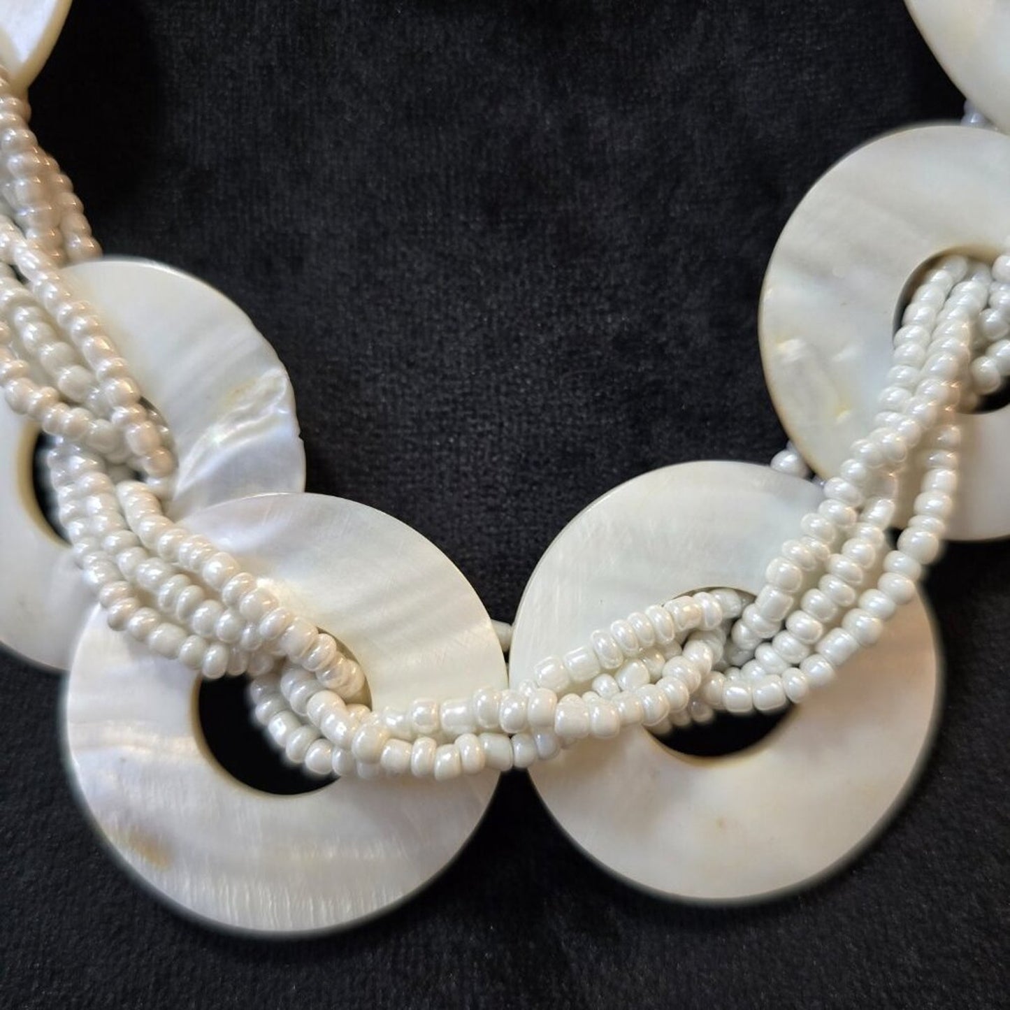 Women White Discs and Braided Seed Bead Multi-Strand Necklace with Lobster Clasp