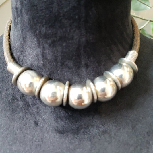 Women's Gold Tone Ball Discs Tribal Style Leather Cord Necklace with Hook & Eye