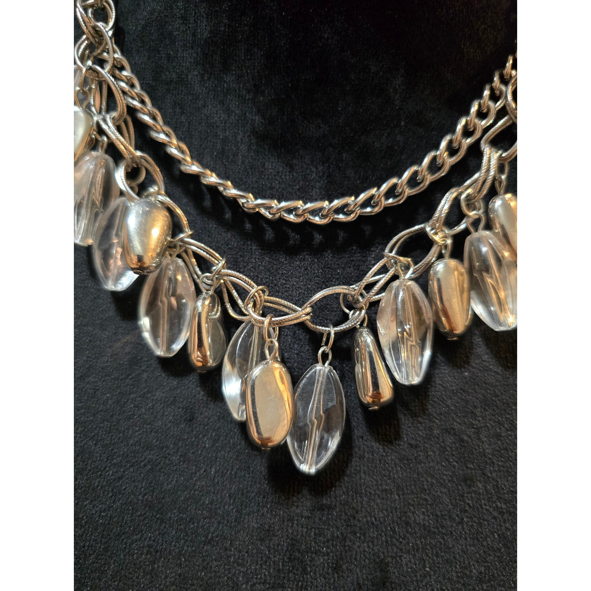 Women's Silver Tone Chain Necklace Clear Acrylic Drop Dangle Adjustable Clasp