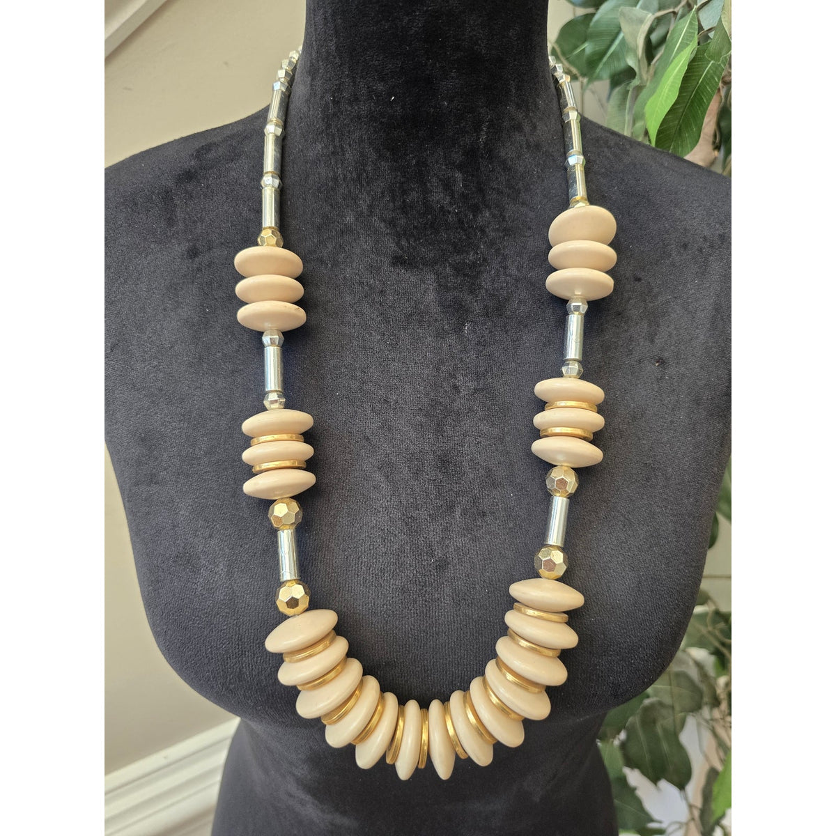 Women's Cream Disc Beaded Gold Tone Spacers Chunky Statement Necklace Jewelry