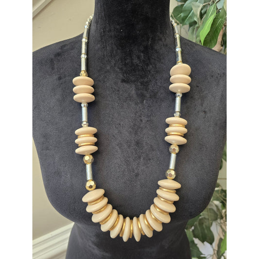 Women's Cream Disc Beaded Gold Tone Spacers Chunky Statement Necklace Jewelry