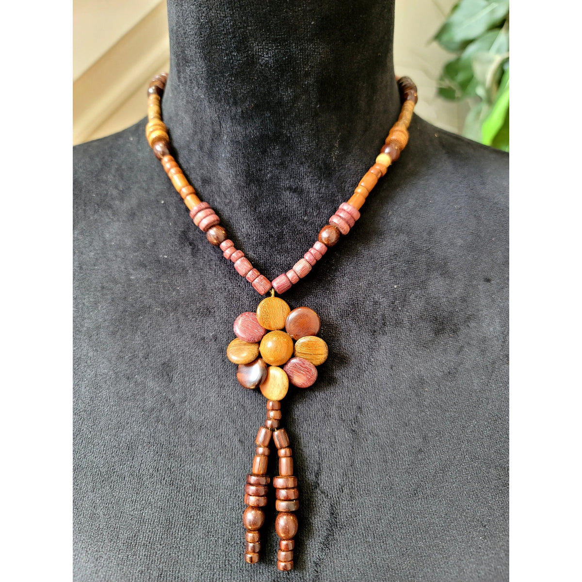 Handcrafted Wooden Flower Pendant Necklace Brown Beaded Boho Tribal Statement