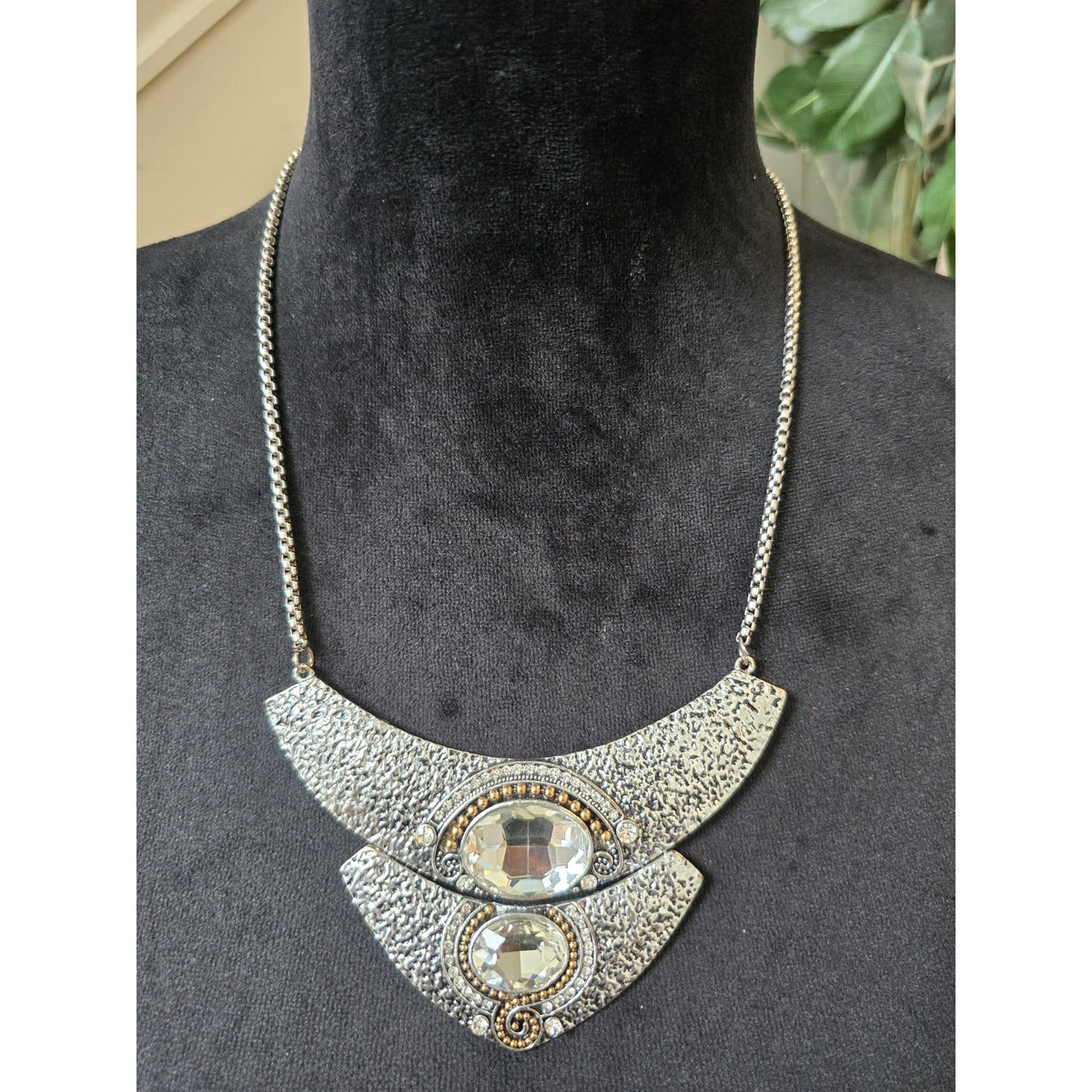 Silver Geometric Crystal Bib Statement Necklace