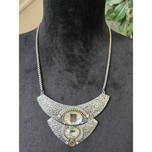 Silver Geometric Crystal Bib Statement Necklace