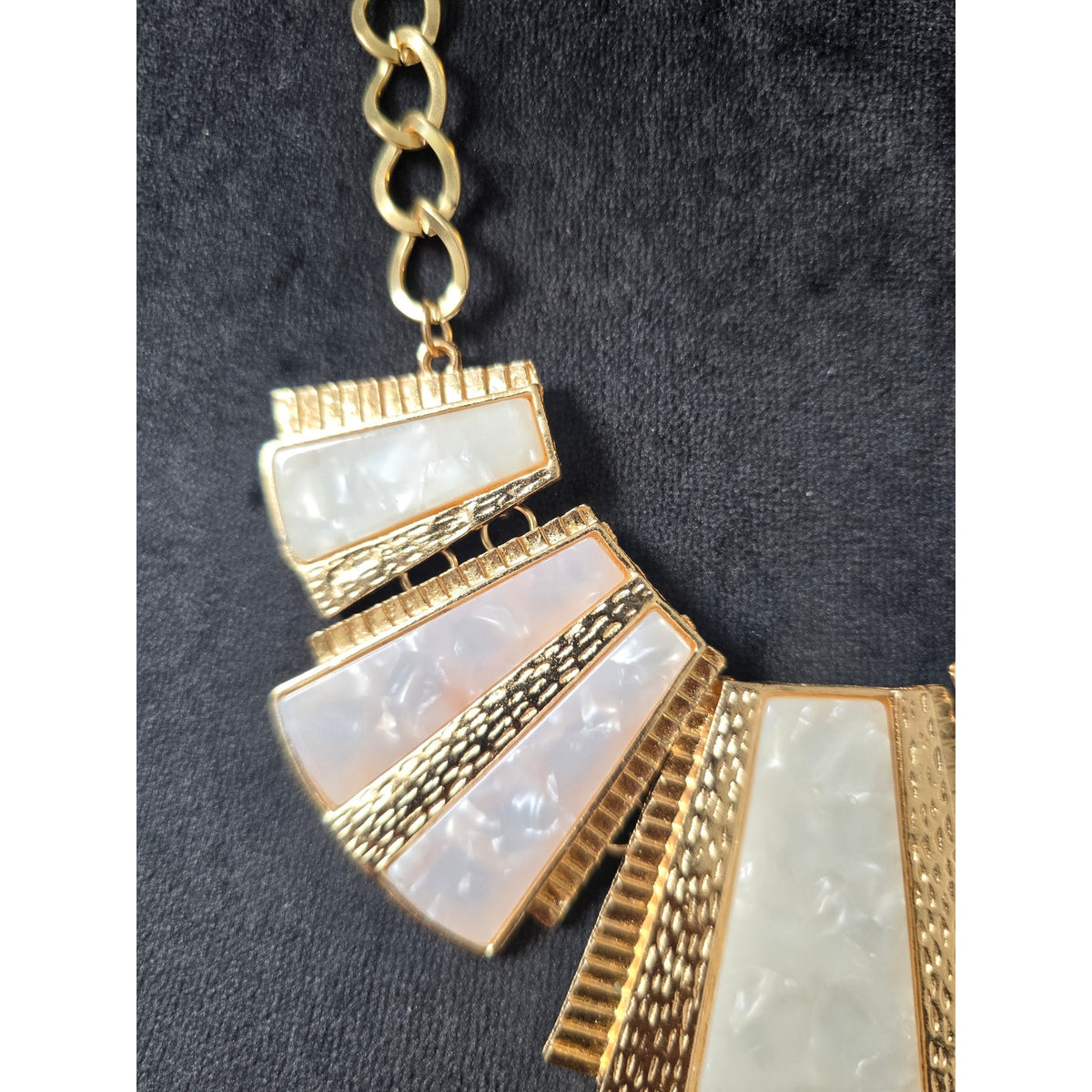 Gold Tone Cream White Enamel Geometric Fan Art Deco Collar Necklace
