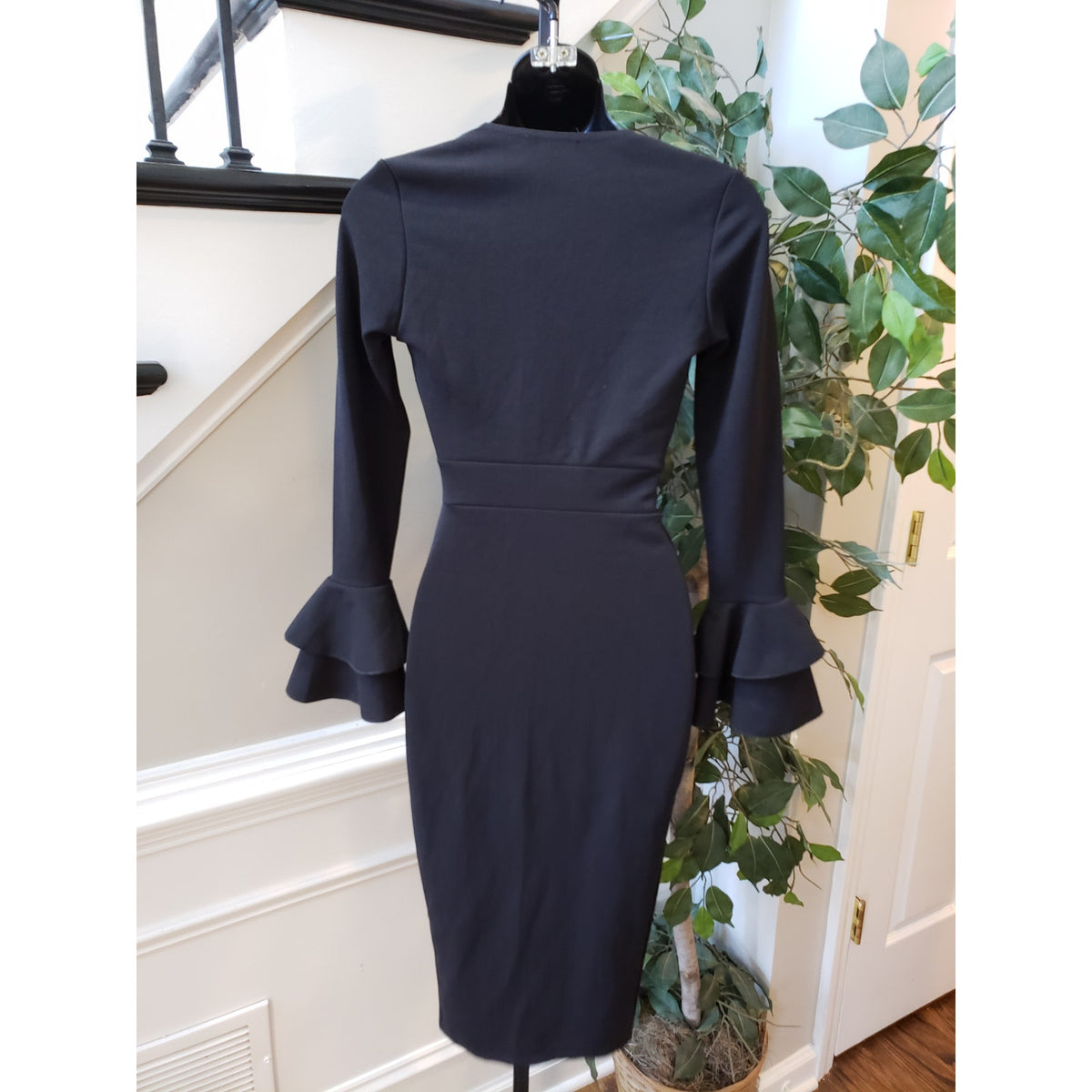 Womens Shirt Dress XS Black Stretch Tight Waist Flare Sleeve V Neck Button Front