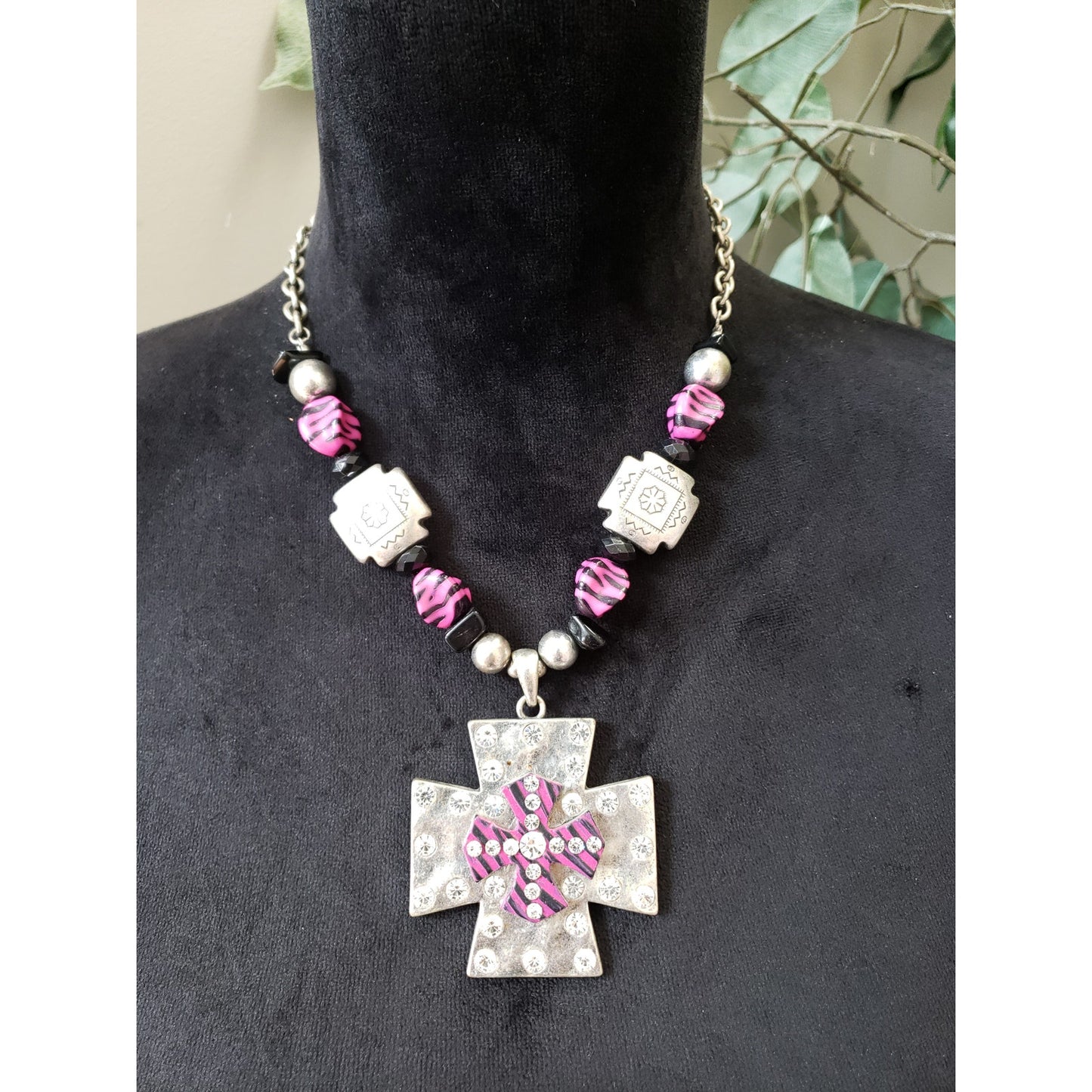 Womens Silver Tone Enamel Beads Metal Cross Pendant Necklace with Rhinestone